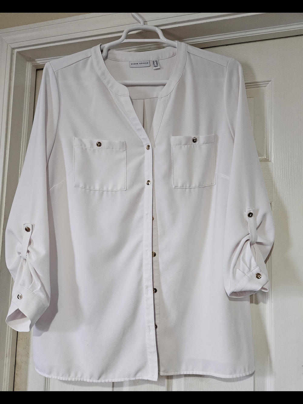 Susan Graver White Button-Front Blouse with Chest Pockets Womens 20W